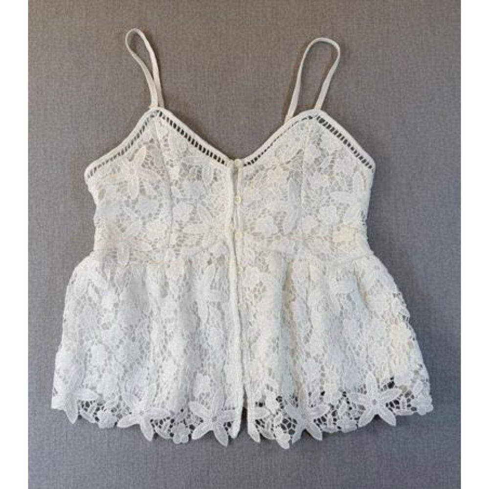 Rebellion White Ivory Floral Lace Button Front Spaghetti Strap Peplum Cami Top M